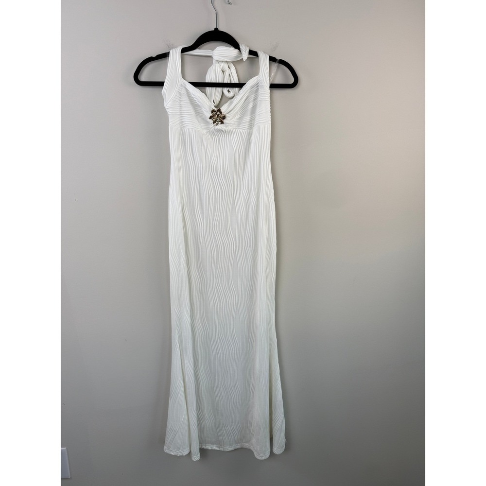 White Halter Fishtail Bodycon Dress Women's Small Wavy Texture Elegant Shein